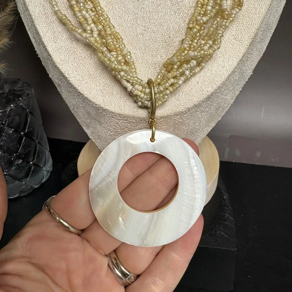 Y2K‎ Express Beaded Pendant Necklace | Cream Seed Beads + Round Medallion